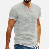 economico Classico-Per uomo Camicia Camicia di lino Camicia con colletto alla coreana Camicia popover Camicia Estiva Abbigliamento da spiaggia Tinta unica Vacanza Casuale Nero Bianco Azzurro cielo Grigio Maniche Corte