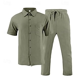 cheap Men&#039;s Tee Sets-Men&#039;s Shirt Suits Shirt and Pant Sets 2 Pieces Outfits Short Sleeve Lapel Summer Plain Fashion Casual 2 Piece Vacation Daily Wear Going out Black White Khaki Top Tee for Men