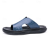 cheap Vacation Sandals-Men&#039;s Copper Faux Leather Slide Sandals with Embossed Crocodile Pattern and Black Cushioned Sole – Stylish Slip-On Sandals for Indoor Lounge, Poolside Relaxation, or Resort Wear