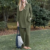 economico Set in cotone e lino-Per donna Moda Streetwear Camicie di cotone e lino Set di biancheria in cotone Set di Pantaloni Manica Lunga Colletto a Camicia Semplice Abbigliamento quotidiano Data Blu Verde Grigio Estate