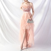 cheap Semi-formal / Cocktail-A-Line Quinceanera Dresses Elegant Dress Formal Wedding Asymmetrical Sleeveless Strapless Tulle Backless with Feather Embroidery