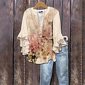 economico Maglietta da negozio grafico-Per donna Maglietta Floreale Grafico Moda Moderno Mezza Manica Scollo a V Top Regolari Quotidiano Uscire Volant Stampato Rosa Blu Blu turchese Estate Primavera