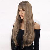 voordelige Synthetische trendy pruiken-synthetische pruik kinky recht recht gelaagd kapsel met pony pruik 24 inch a1 synthetisch haar dames klassiek comfortabel kleurverloop bruin