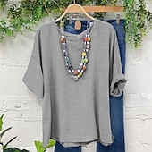 お買い得  シャツ-女性用 シャツ リネン風シャツ 夏のトップス 平織り 日常 スタイリッシュ ベーシック ハーフスリーブ クルーネック レギュラートップス ワーク 日常 祝日 イエロー ブルー グレー 春 秋