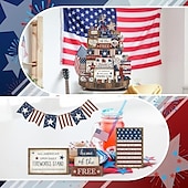 cheap Independence Day Decoration-Patriotic Tiered Tray Decor Set for 4th of July and Memorial Day, Rustic Wooden Red White Blue Signs, Vintage Farmhouse Independence Day Table Decorations, Glow Americana Party Decor