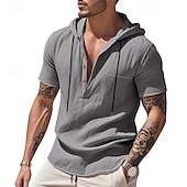 cheap Vacation-Men&#039;s Shirt Linen Shirt Popover Shirt Casual Shirt Cotton Shirt Plain Vacation Street Black White Navy Blue Brown Short Sleeve Hooded Summer Clothing Apparel Lace up