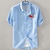 preiswerte Business Casual-Herren Leinenhemd Freizeithemd Baumwoll-Leinen-Hemd Knopfhemd Muster Urlaub Straße Weiß Dunkelmarine Himmelblau Armeegrün Kurzarm Revers Sommer Bekleidung Schnalle