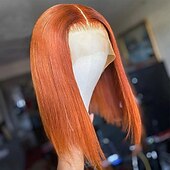 economico Parrucche lace front capelli veri-parrucca bobo corta in pizzo frontale color zenzero, arancione, 13*4, capelli lisci in pizzo, densità 150%