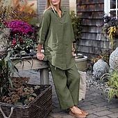 economico Set in cotone e lino-Per donna Moda Streetwear Camicie di cotone e lino Set di biancheria in cotone Set di Pantaloni Manica Lunga Colletto a Camicia Semplice Abbigliamento quotidiano Data Blu Verde Grigio Estate