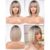 levne starší paruka-Blond bob paruky pro ženy, syntetická paruka s ofinou