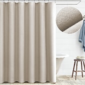 cheap Shower Curtains-Linen Feel Shower Curtain with 12 Hooks Beige Boho Farmhouse Shower Curtains for Bathroom Natural Cloth Cotton Fabric Liner