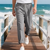 baratos Feriado-Homens Calças de linho Calças Calça verão Calças largas Calças de praia Com Cordão Cintura elástica Perna reta Tecido Conforto Respirável Comprimento total Ao ar livre Casual Feriado Férias Moda
