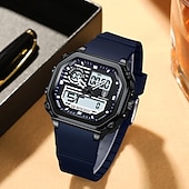 baratos Relógio Automático-Relógio esportivo digital masculino à prova d&#039;água com display LED quadrado, hora dupla, semana e data, pulseira de silicone, relógio de pulso casual