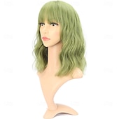 voordelige Synthetische trendy pruiken-Ombre 2-tone kleur krullende bob pruik met luchtpony natuurlijke krullende golvende korte bob pruiken schouderlange pruiken synthetische cosplay voor meisjes kleurrijke pruiken 12&#039;&#039; blond tot roze