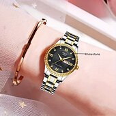 baratos Relógios Quartz-o novo relógio de quartzo luminoso com pulseira de aço com calendário duplo incrustado de diamantes para senhora é um relógio de pulso esportivo simples e versátil