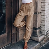 abordables jambe large et taille haute-Femmes Slacks Pantalons Occasionnel Longueur complète Naturel Uni Avec Poches Conception à cordon élastique Confortable Extérieur Fête Décontracté Quotidien Week-end Vin Noir Vert Claire Vert Véronèse