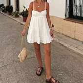 ieftine Rochii Albe Casual-Pentru femei Rochie Mini Rochie albă Rochie de absolvire Rochie Slip Modă Rochie eleganta În aer liber Petrecere Concediu Fit regulat Simplu Fără manșon În V Negru Alb Vară