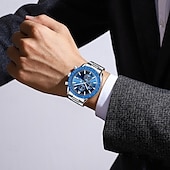 abordables Relojes de Cuarzo-Reloj de negocios de lujo para hombre: cronógrafo de pulsera de cuarzo resistente al agua con correa de acero inoxidable para uso formal e informal con visualización de fecha.