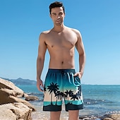baratos Calções Elite Masculinos-Homens Calção Shorts de praia Bolsos Com Cordão Imprimir Gráfico Folha Árvore Respirável Secagem Rápida Comprimento do joelho Ao ar livre Férias Casa Férias Estilo Étnico Azul Céu Azul escuro