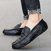 billiga Casual loafers-Vita herrloafers i konstläder med svart krokodilstruktur – eleganta och snygga slip-on-skor för semiformella evenemang, bröllop och avslappnade sammankomster