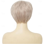 economico parrucca più vecchia-Parrucca da donna corta, bionda, bianca, con taglio pixie, liscia, riga laterale, a strati, in fibra sintetica, ispida, per vecchie signore, per uso quotidiano