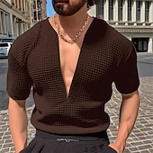 זול חולצות טריקו קז&#039;ואל לגברים-בגדי ריקוד גברים טי וופל חולצה קצרה טי שירטס חולצה עם שרוולים קצרים שרוולים קצרים V עמוק קיץ אחיד אופנתי מעצב בסיסי סרוג חופשה רחוב ליציאה שחור אדום כחול נייבי חולצה עליונה לגברים