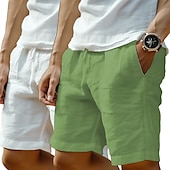 economico Classico-Confezione da 2 pantaloncini da uomo in lino, estivi, da spiaggia, con coulisse, tasca, elastico in vita, tinta unita, comodi, traspiranti, lunghezza al ginocchio, casual, per tutti i giorni, per le vacanze, alla moda, verde+grigio, nero+grigio