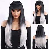 abordables Pelucas sintéticas de moda-Pelucas sintéticas Liso Natural Heterosexual Corte a capas Con flequillo Hecho a Máquina Peluca 28 pulgadas A1 Pelo sintético Mujer Clásico Cómodo Gradiente de Color Negro Blanco