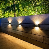 baratos Candeeiros Luzes de Exterior-Luminária de parede solar externa de aço inoxidável 6led, à prova d&#039;água, para varanda, pátio, pátio, cerca, decoração noturna, fácil instalação, decoração de jardim, luminária de parede solar externa