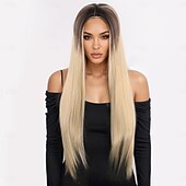 levne Syntetické trendy paruky-Syntetická paruka, kudrnaté rovné, yaki rovné, vrstvený střih s ofinou, paruka 32 palců, A1 syntetické vlasy pro ženy, klasické, pohodlné