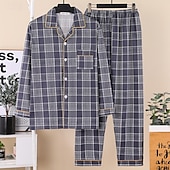 voordelige Pyjama -Voor heren Nachtkleding Pyjamaset Pyjamatop en broek 1 set Ruitjes Modieus Stijlvol Klassiek Huis Dagelijks Bed Polyester Comfort Zacht Revers Lange mouw Cardigan Pantalon Elastische taille Lente
