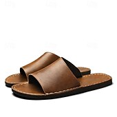 billiga Avslappnade sandaler-Herrsandaler i brunt konstläder med minimalistisk design och komfort, perfekt för vuxna, perfekt för avkoppling inomhus, vardagsbruk, hotellspa