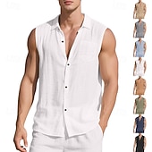 cheap Classic-Men's Shirt Linen Shirt Summer Shirt Beach Wear Sleeveless Shirt Solid Color Vacation Street Black White Green Khaki Sleeveless Shirt Collar Summer Spring Clothing Apparel Pocket