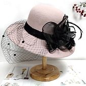 cheap Party Hats-Vintage Fedora Bucket Hat with Removable Mesh Flowers Feathers Elegant Ladies Bowler Hat Winter Warm Wide Brim Church Derby Hat for Wedding Race Banquet
