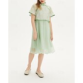 cheap Dresses-Kids Girls&#039; Dress Solid Color Short Sleeve Outdoor Mesh Patchwork Adorable Polyester Knee-length Casual Dress Summer 4 years+ Green