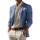 billige Lin blazer-Herre Blazer i lin Sport Coat Mote Fritid Ensfarget Blazer Sjø blå Himmelblå Mørkegrå Standard passform Enkelt Brystet Enn-knapp