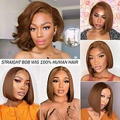 economico Parrucche lace front capelli veri-Parrucca in pizzo bobo corto 13*4 con capelli umani castani 4#, capelli umani lisci, densità 150%