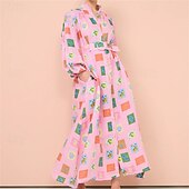 economico abiti stampati in cotone e lino-Per donna Abito Lungo Maxi Abito Abiti in cotone e lino Vestito Casual Moda All&#039;aperto Feste Ferie Vestibilità regolare Dipinto Manica Lunga Colletto a Camicia Rosa Estate