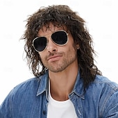 voordelige Historische pruiken-Mullet 70s 80s Pruik met Frenulum Donkerbruin Lang Disco Haar Krullende Pruiken voor Mannen voor Mannen Vrouwelijke Hippie Rockende 80s Them Party Cosplay Kostuum Anime Hittebestendig Synthetisch