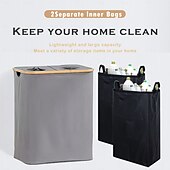abordables Bac de recyclage-Poubelle de recyclage à double trou en tissu Oxford, panier à linge à cadre en bambou de 140 l avec couvercle et 2 sacs intérieurs en polyester, poubelle d&#039;intérieur pliable et conteneur de recyclage