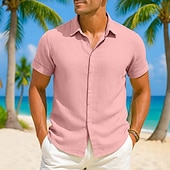 preiswerte Urlaub-Herren Hemd Leinenhemd Sommerhemd Durchgeknöpft Hemd Freizeithemd Strandhemd Einfarbig Urlaub Lässig Schwarz Weiß Rosa Grün Kurzarm Kragen Sommer Bekleidung