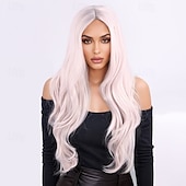 baratos Perucas Sintéticas sem Touca-Perucas sintéticas Ondulado Ondas Soltas Corte em Camadas Com Franjas Fabrico à Máquina Peruca 28 polegadas A1 Cabelo Sintético Mulheres Elástico Clássico Confortável Branco