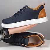 cheap Casual Sneakers-Men's Premium Navy Blue and Orange Faux Leather Sneakers with Fashionable Color Accents for Casual and Athletic Wear