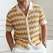 olcso Vakáció-Férfi Button Up Polos Golfing Hétköznapi Sport Hajtóka Rövid ujjú Divat Alap Vonalak / hullámok Gombok Nyár Sárga Kék Barna Button Up Polos