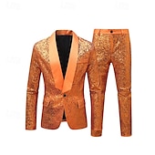 abordables Blazers pour hommes-Homme Ensemble Blazer Scène Fête de mariage Fête / Cocktail Mode Occasionnel Printemps Automne Polyester Uni Boutons Avec Poches Confortable Simple Boutonnage veste Orange