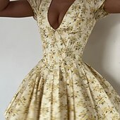 abordables Robes fleuries décontractées-Femmes Mini Robe Robe Décontractée Robe Fleurie Mode Robe élégante Extérieur Soirée Fête Coupe régulière Fleur Manche Courte Col en V Jaune Été
