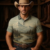 cheap Men&#039;s Printed Polo-Men&#039;s Tree Mountain Polo Short Sleeve Polo Shirts Collared Shirts Casual Western Style Outdoor Athleisure 3D Print Summer Blue