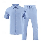 cheap Men&#039;s Tee Sets-Men&#039;s Shirt Suits Shirt and Pant Sets 2 Pieces Outfits Short Sleeve Lapel Summer Plain Fashion Casual 2 Piece Vacation Daily Wear Going out Black White Khaki Top Tee for Men