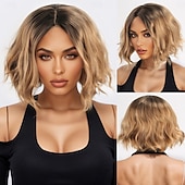 cheap Synthetic Trendy Wigs-Synthetic Wig Wavy Curly Weave Asymmetrical Neat Bang Machine Made Wig 12 inch A1 Synthetic Hair Women&#039;s Middle Part Classic Comfortable Blonde