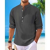 preiswerte Baumwoll-Leinenhemd-Herren Hemd Leinenhemd Popover-Hemd Freizeithemd Baumwollhemd Einfach Urlaub Hawaiianisch Schwarz Weiß Rosa Marineblau Langarm Stehkragen Frühling Herbst Bekleidung